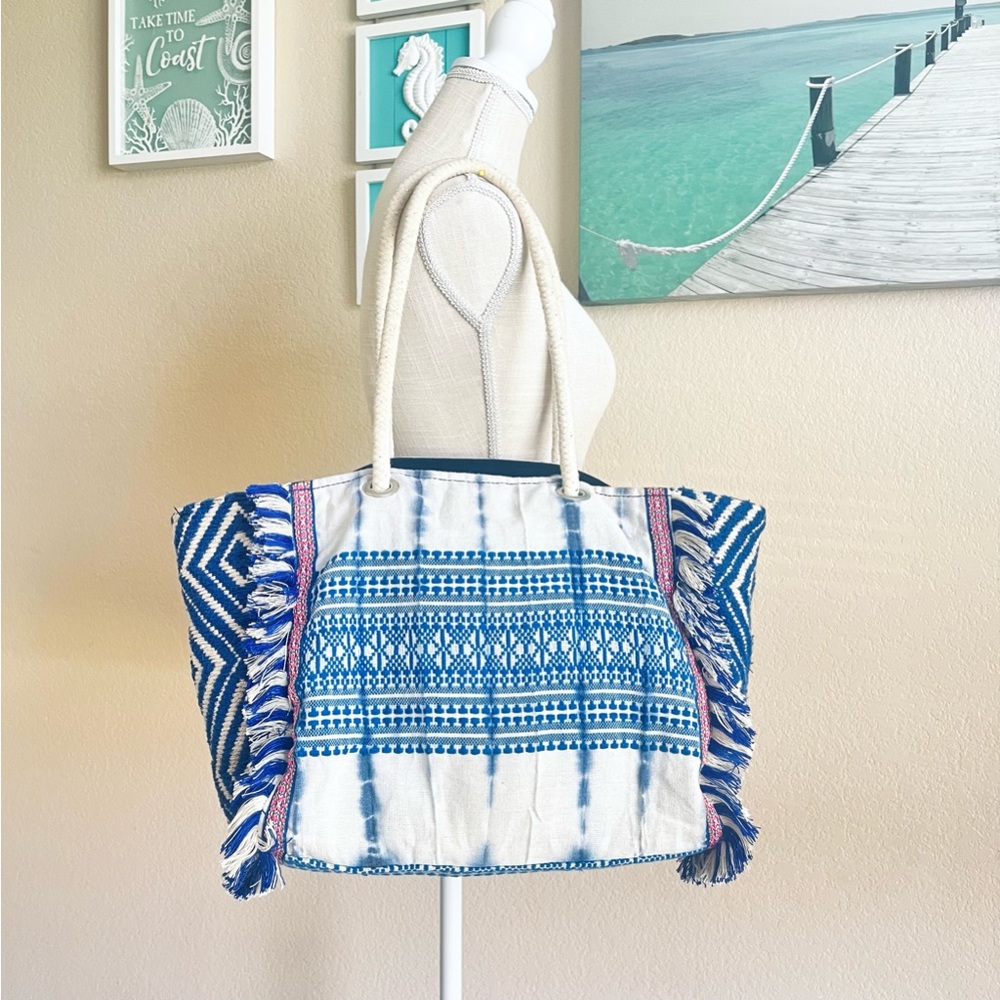 Tie-Dye Boho Beach Shoulder Bag Tote Blue Medium